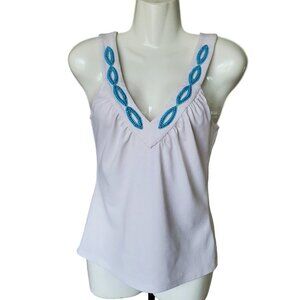 White Sleeveless Top with Blue Embroidery
